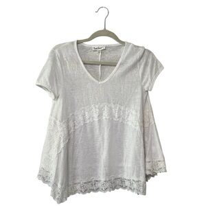 Cloud Chaser White V-Neck Lace-Trim Short Sleeve Tee